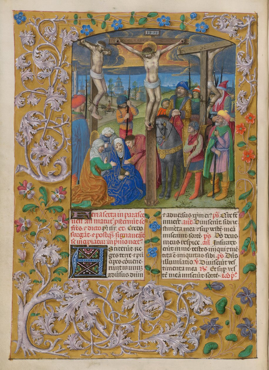 Temporale (första delen: från första söndagen i advent till heliga lördagen). Korsfästelsen (Långfredagen). Kant med blomdekor. Två kolumner med text med två initialer. av Master of the Dresden Prayer Books