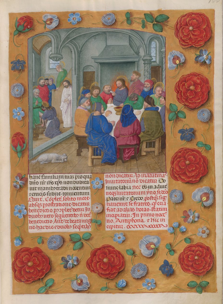 Temporale (första delen: från första söndagen i advent till heliga lördagen). Nattvarden (skärtorsdag, Matins). Kant med blomdekor. Två kolumner med text. av Master of the Dresden Prayer Books