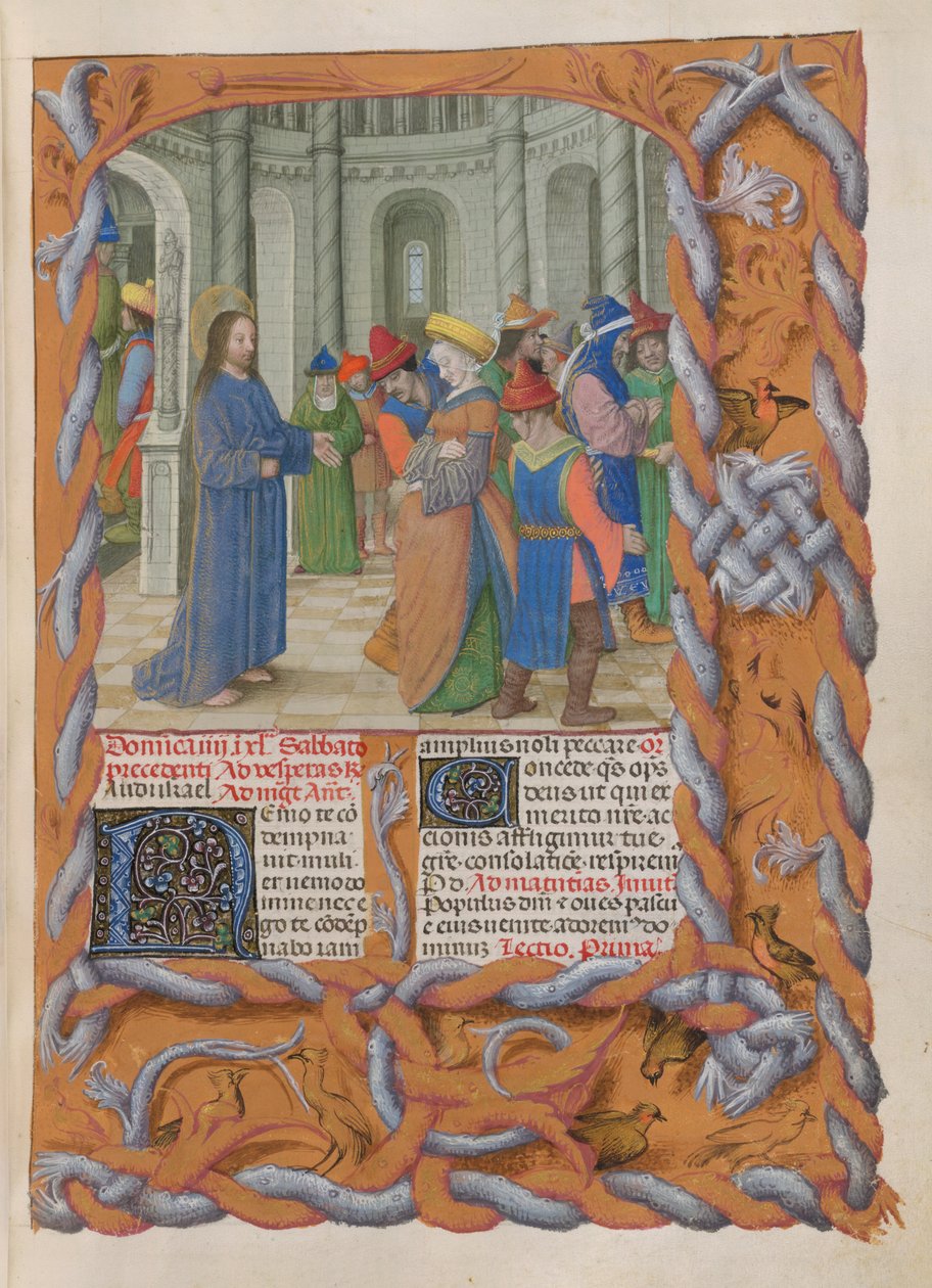 Temporale (första delen: från första söndagen i advent till heliga lördagen). Kristus och kvinnan som greps i äktenskapsbrott (fjärde söndagen i fastan). av Master of the Dresden Prayer Books