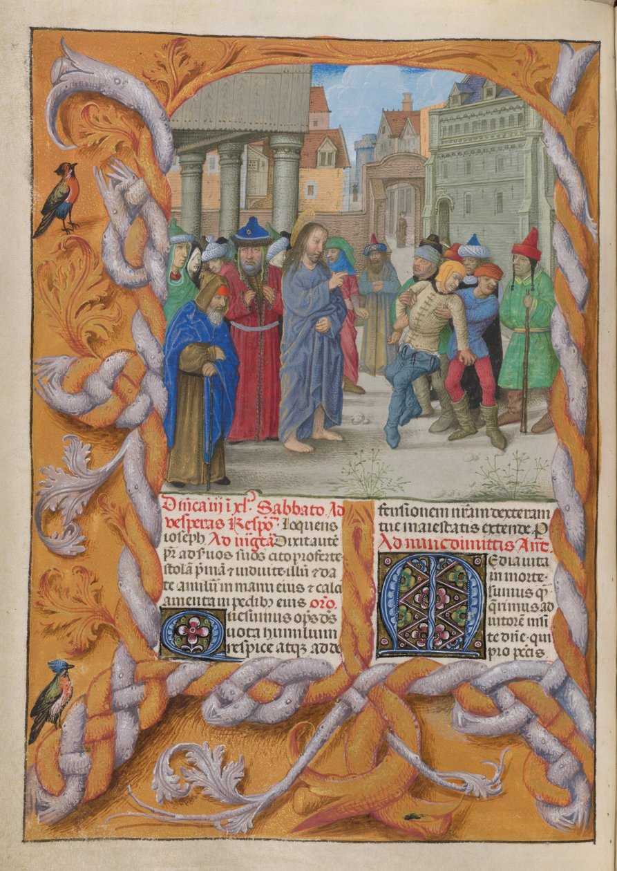 Temporale (första delen: från första söndagen i advent till heliga lördagen). Kristus driver ut en stum djävul (tredje söndagen i fastan). Kant och två kolumner med text, med initialer. av Master of the Dresden Prayer Books