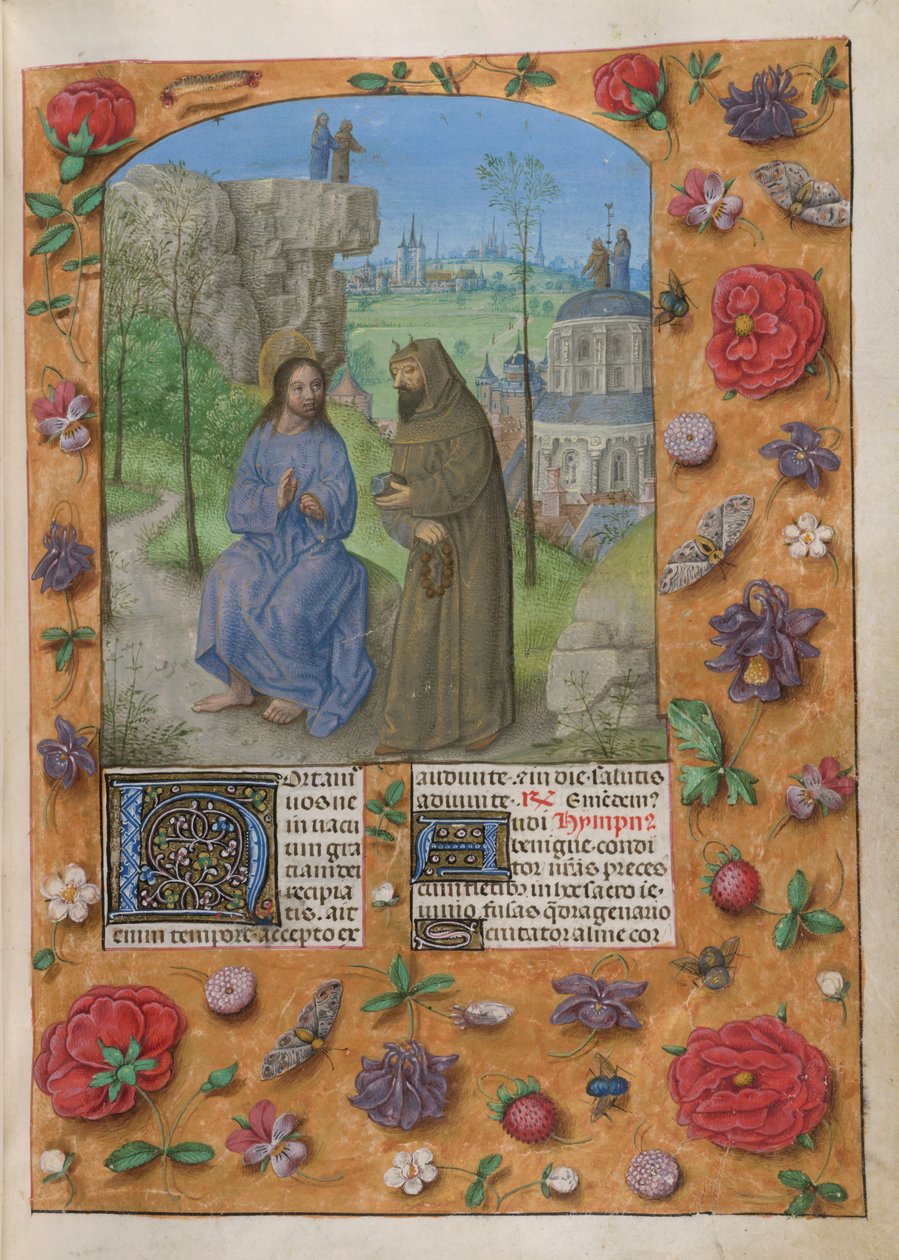 Kristi frestelse. han Temporale; Fastan 1. Kristus med djävulen, klädd som en munk, som håller i en sten. Bakom de andra frestelserna; Kristus och djävulen på en klippa och på templets kupol. Text med dekorerad initial "H". Kanter av trompe l