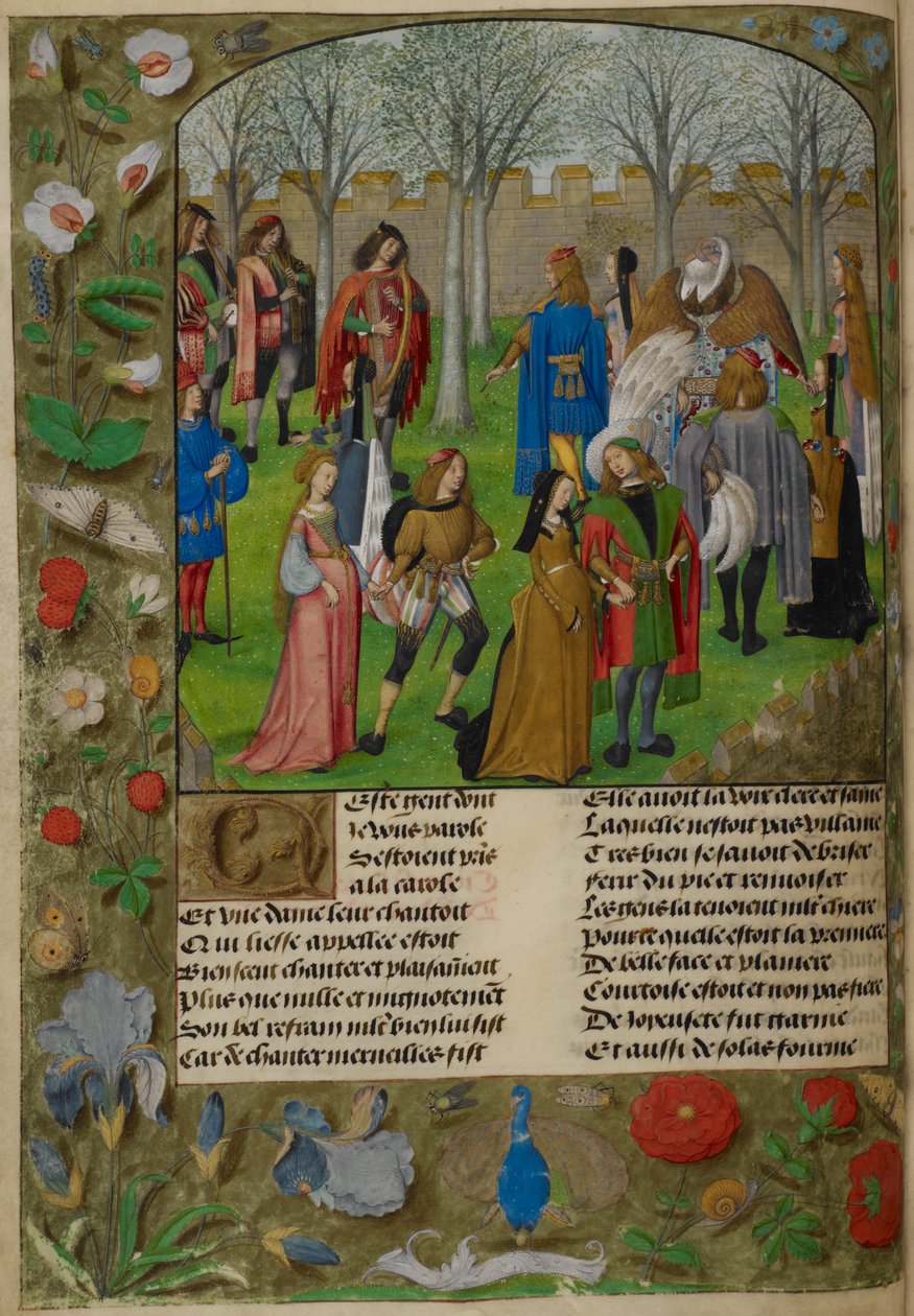 Carolle i trädgården. The Lover är inbjuden att dansa med en grupp par ledda av Sir Mirth och Lady Gladness., från 
