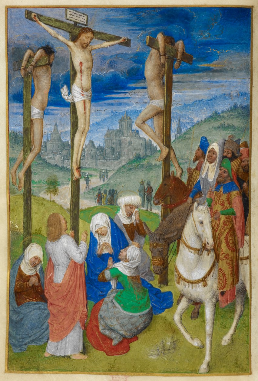 Korsfästelsen. Korsets timmar. Kristus på korset mellan de två tjuvarna, med flera figurer; tre till häst. St John står, och Jungfrun och Tre Maries sitter, vid foten av korset. En vy av Jerusalem i bakgrunden. av Master of the Dresden Prayer Books