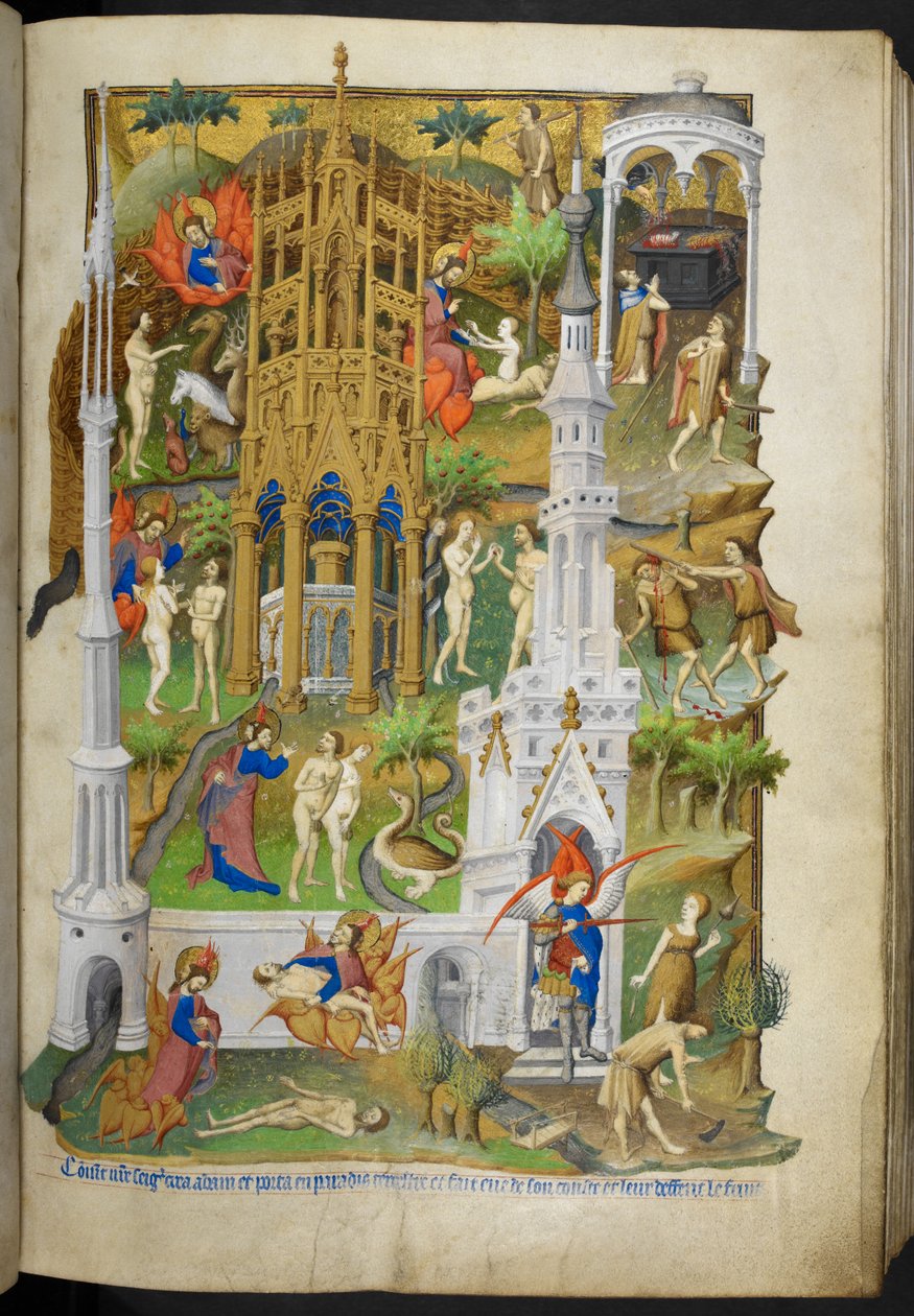 add_ms_18850_f014r Scener från skapelsen och fallet, från "The Bedford Hours" av Master of the Duke of Bedford
