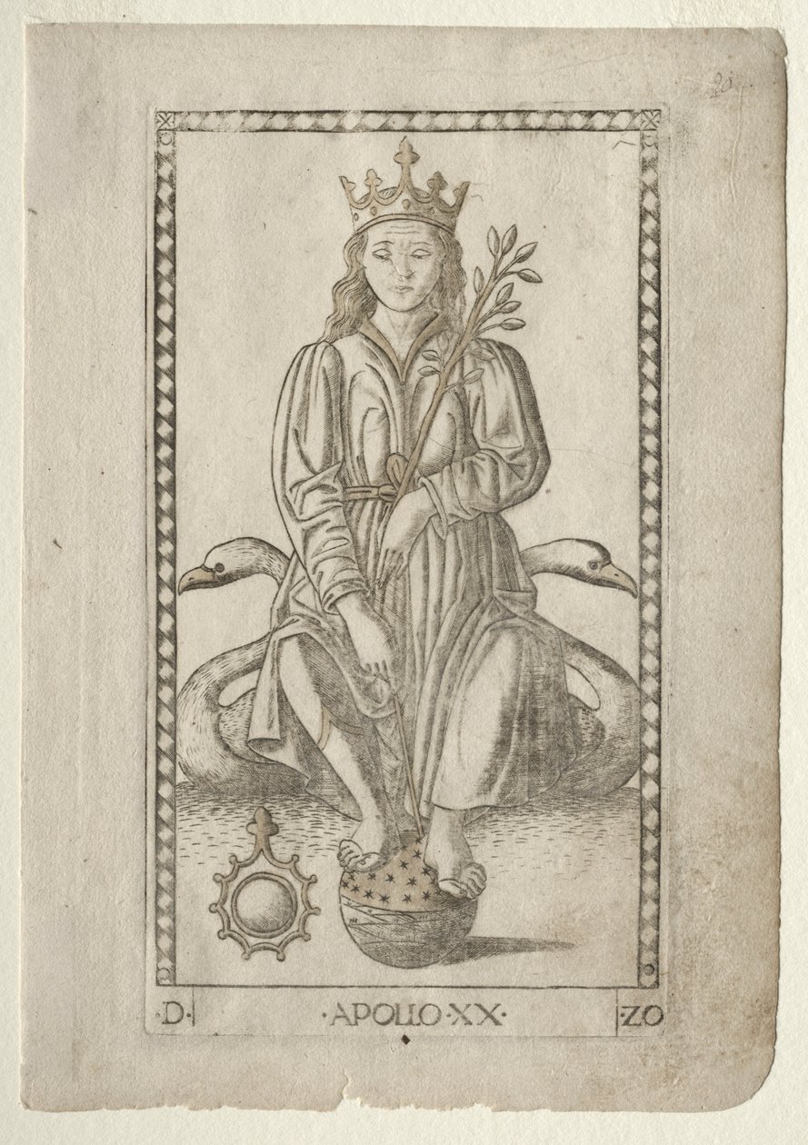 Apollo från Tarocchi, serie D: Apollo and the Muses, #20, före 1467. av Master of the E Series Tarocchi