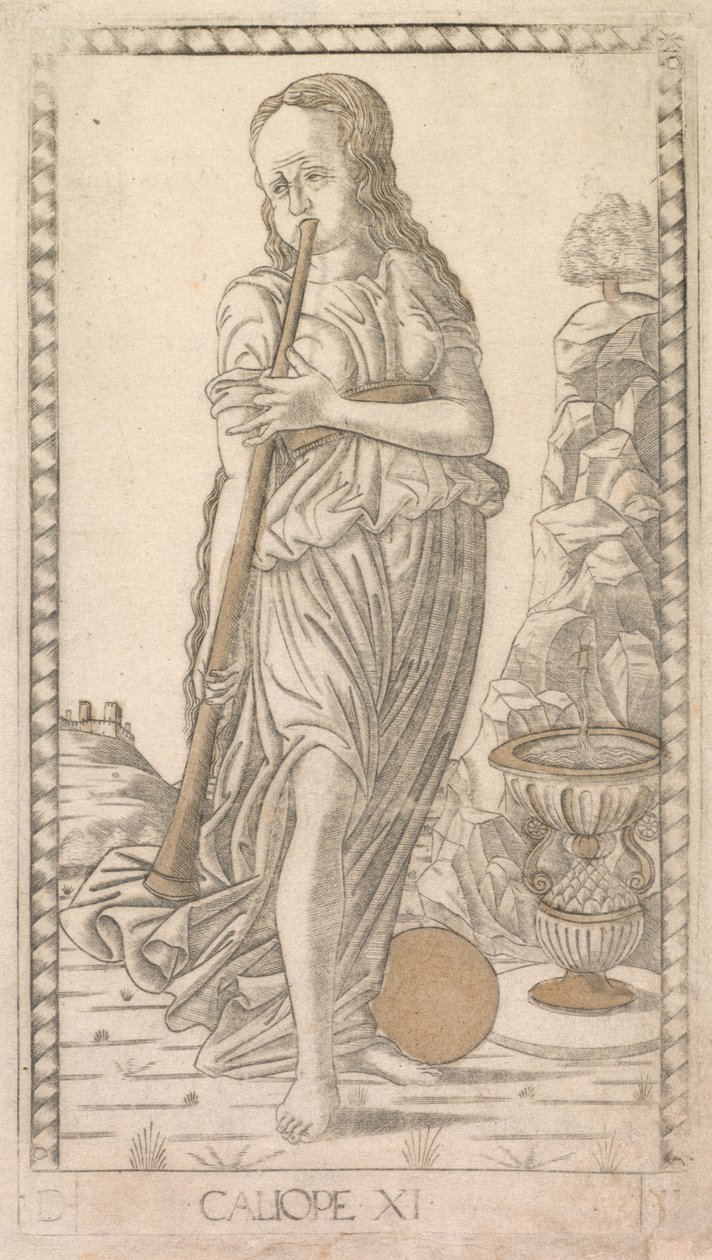 Calliope från Tarocchi-serien D: Apollo and the Muses, #11, före 1467. av Master of the E Series Tarocchi