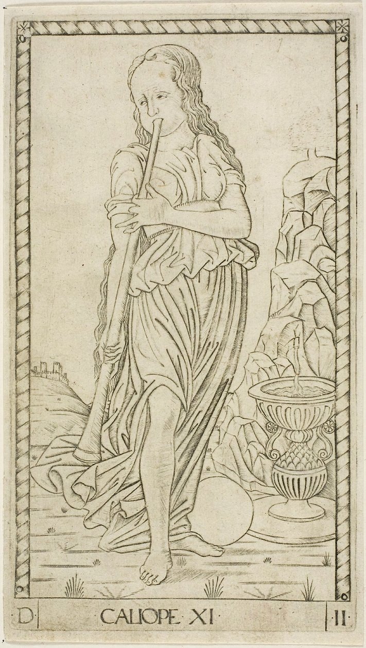 Calliope, tallrik elva från Apollo and the Muses av Master of the E Series Tarocchi