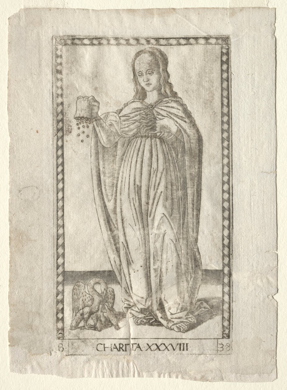 Välgörenhet från Tarocchi, serie B: Cosmic Principles & Virtues, #38, före 1467. av Master of the E Series Tarocchi