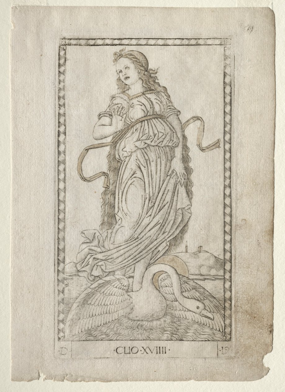 Clio-historia från Tarocchi-serien D: Apollo and the Muses, #19, före 1467. av Master of the E Series Tarocchi
