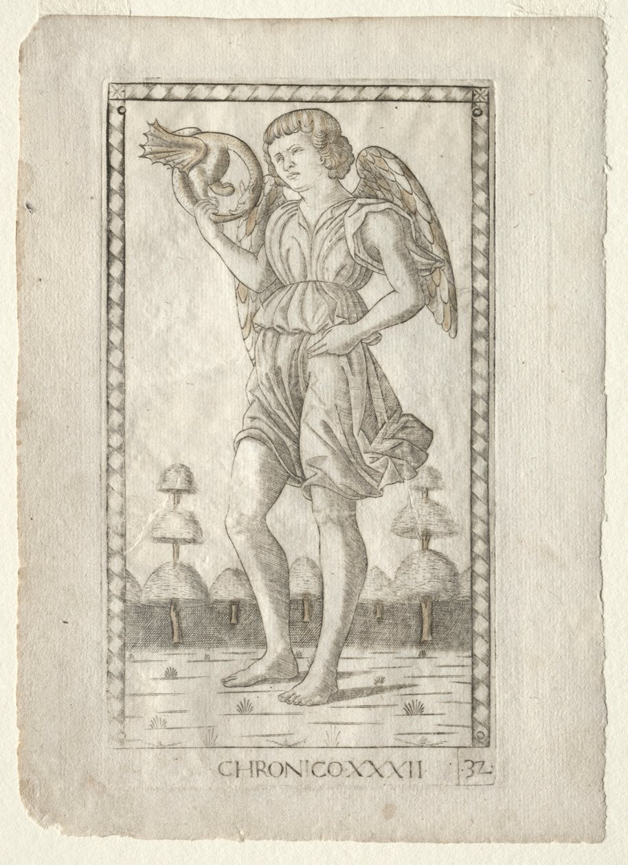 Genius of Time från Tarocchi, serie B: Cosmic Principles & Virtues, #32, före 1467. av Master of the E Series Tarocchi