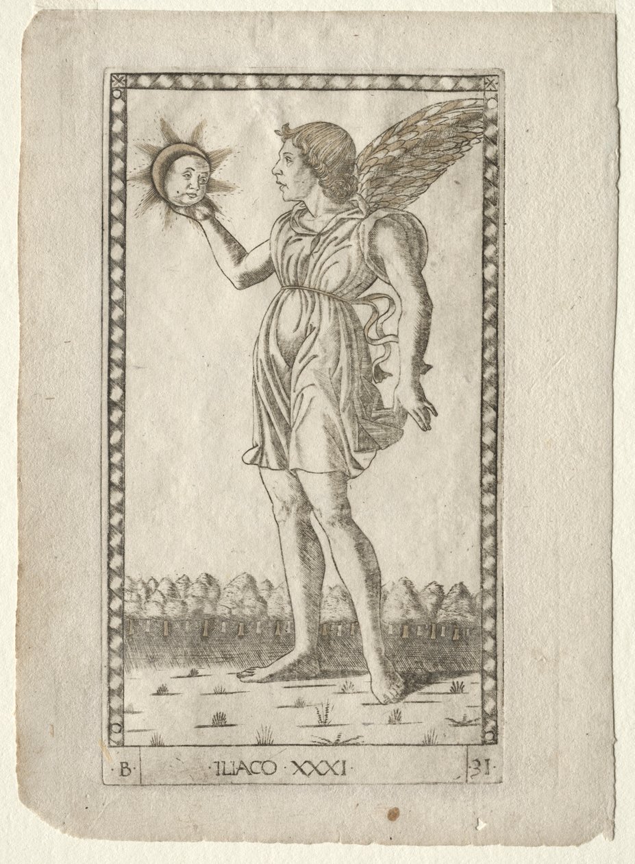 Genius of the Sun från Tarocchi, serie B: Cosmic Principles & Virtues, #31, före 1467. av Master of the E Series Tarocchi