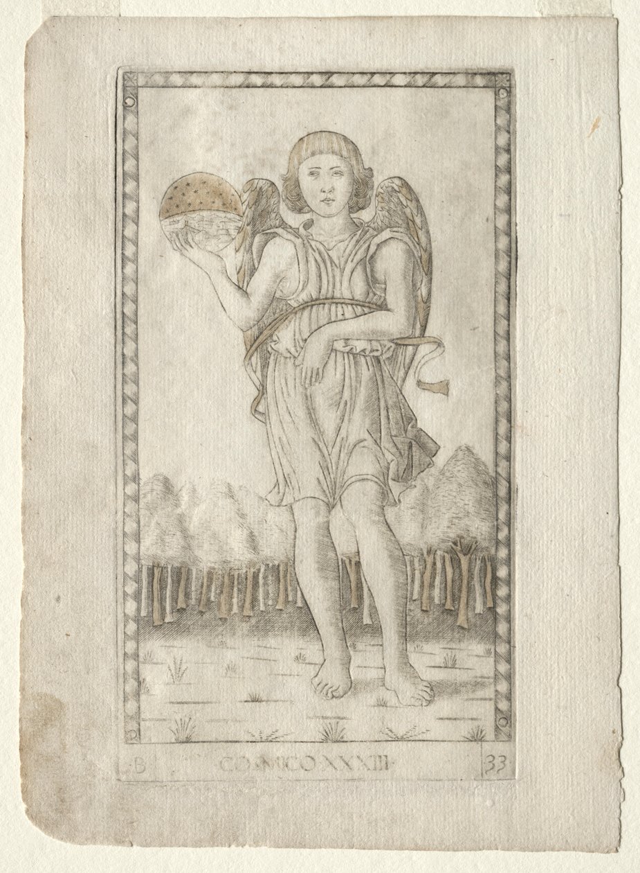 Genius of the World från Tarocchi, serie B: Cosmic Principles & Virtues, #33, före 1467. av Master of the E Series Tarocchi