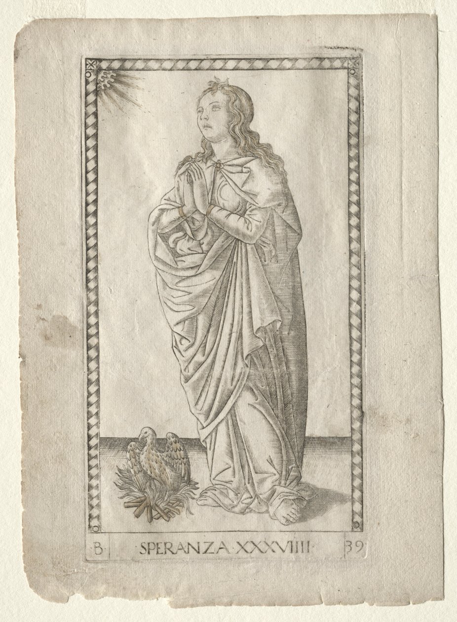 Hopp från Tarocchi, serie B: Cosmic Principles & Virtues, #39, före 1467. av Master of the E Series Tarocchi
