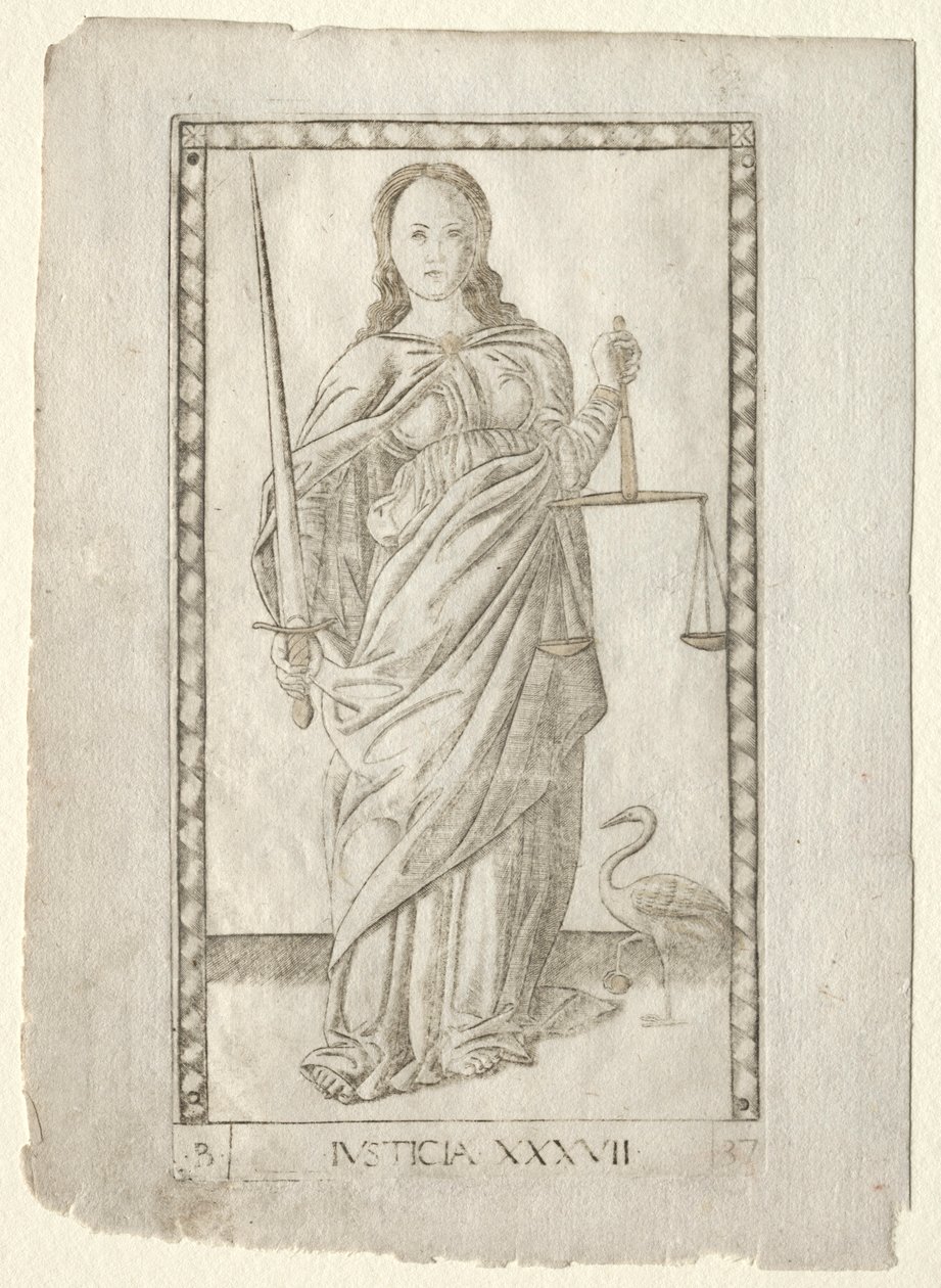 Rättvisa från Tarocchi, serie B: Cosmic Principles & Virtues, #37, före 1467. av Master of the E Series Tarocchi