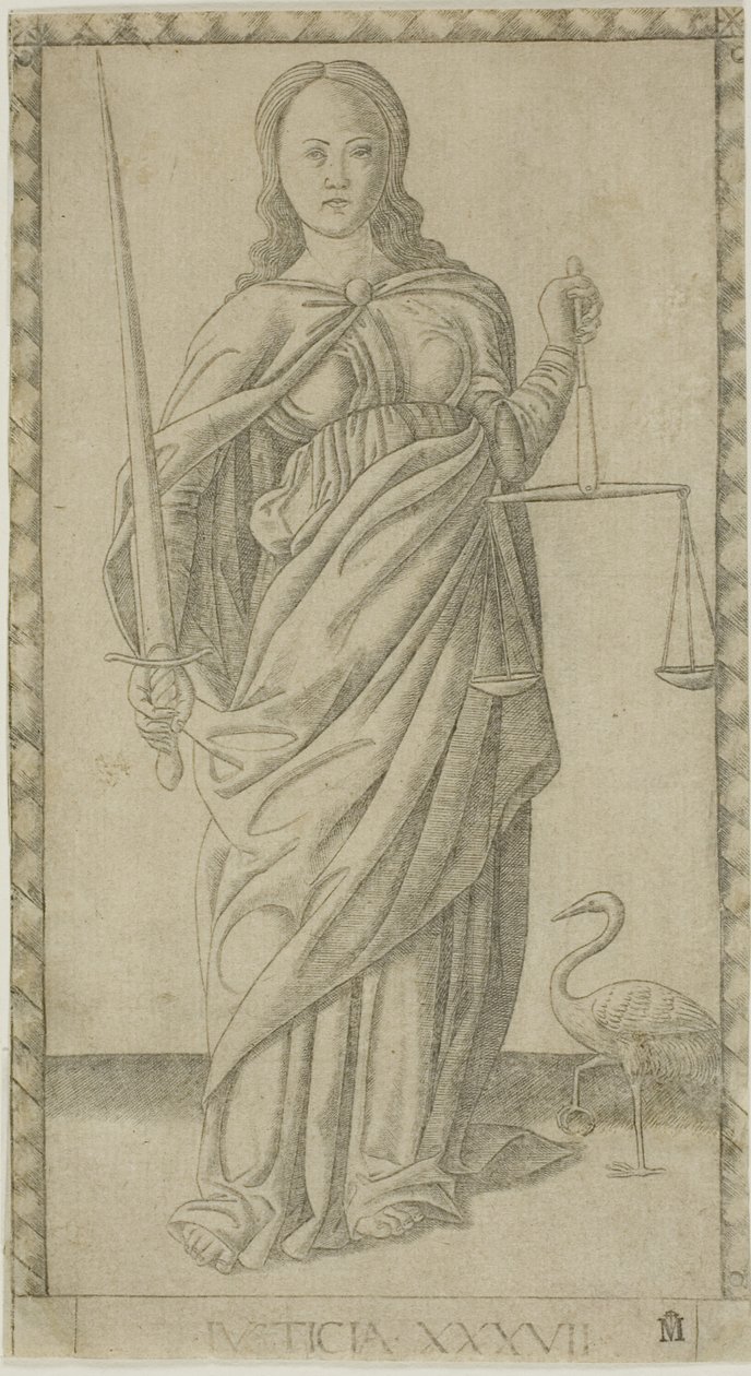 Justice, skylt 37 från Genii and Virtues av Master of the E Series Tarocchi