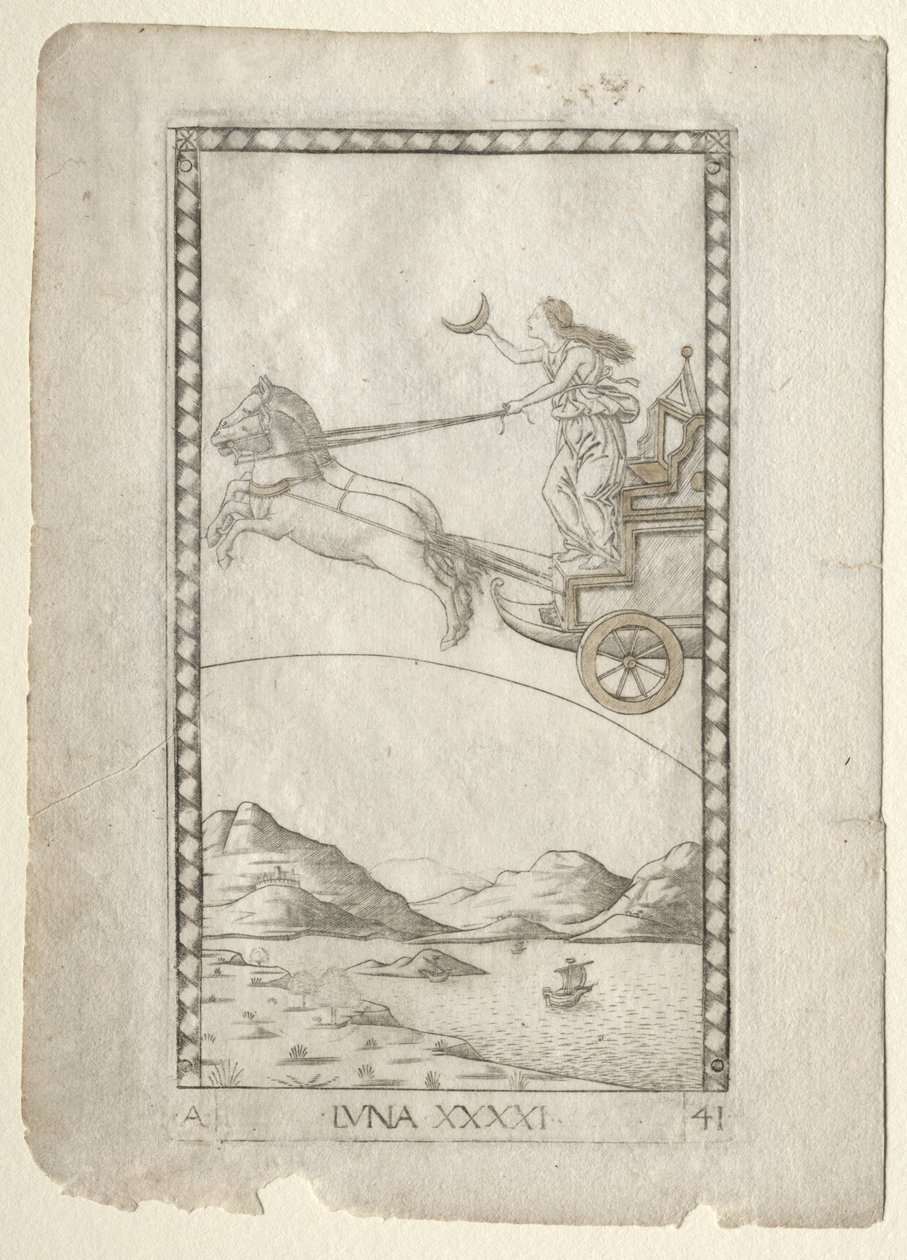 Luna från Tarocchi, serie A: Firmaments of the Universe, #41, före 1467. av Master of the E-Series Tarocchi