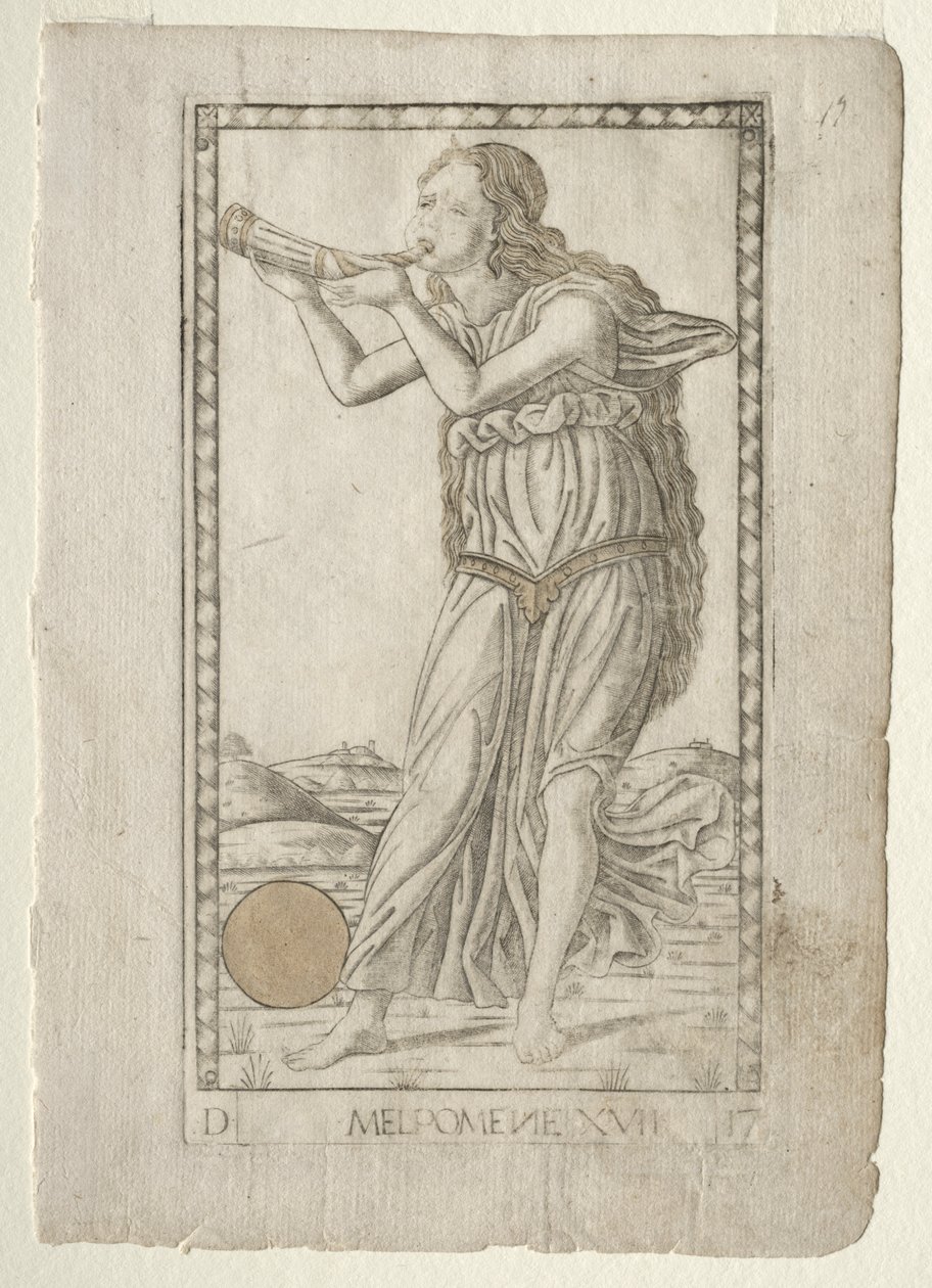 Melpomene-tragedi från Tarocchi-serien D: Apollo and the Muses, #17, före 1467. av Master of the E Series Tarocchi