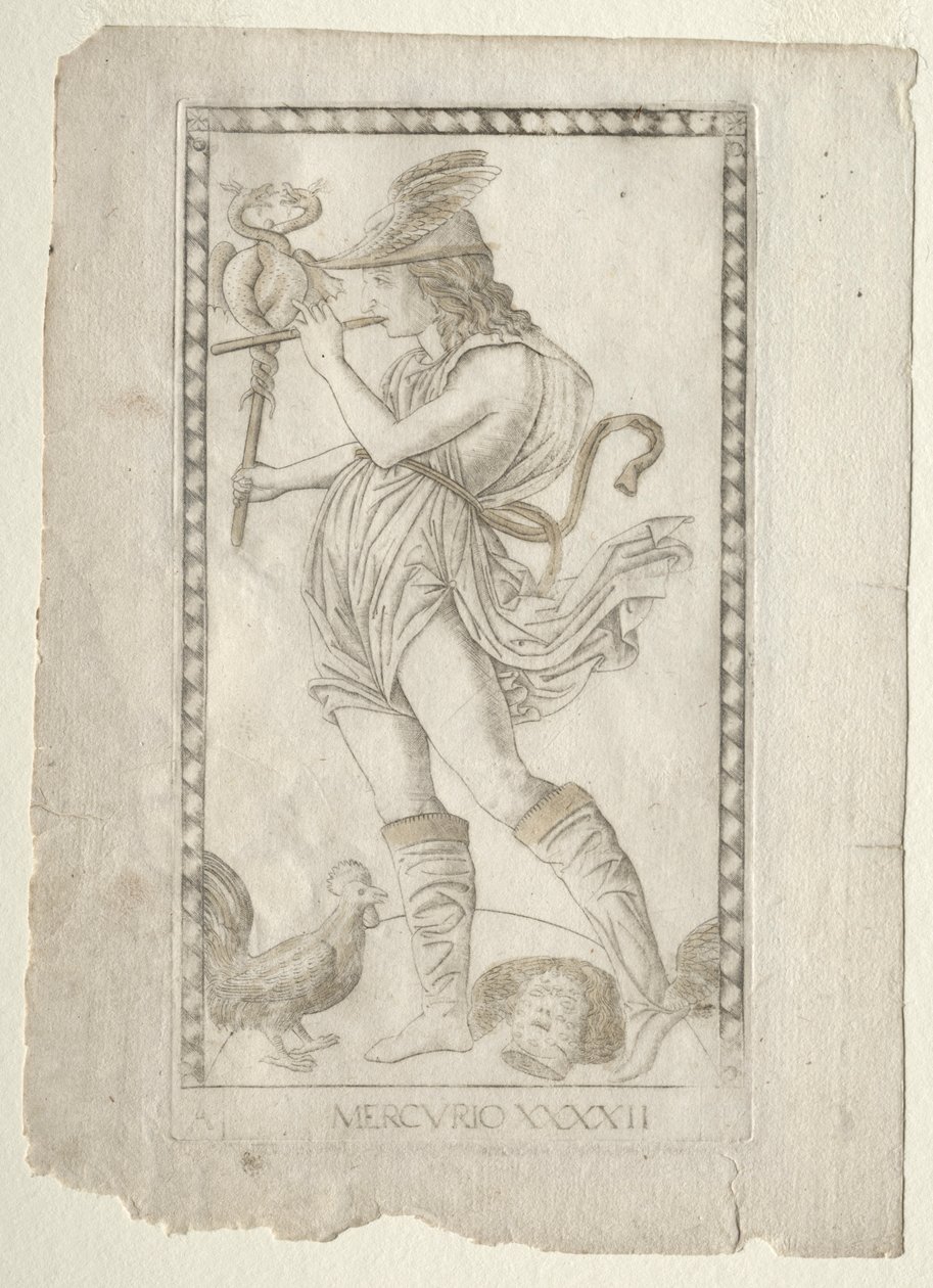 Mercury from the Tarocchi, serie A: Firmaments of the Universe, #42, före 1467. av Master of the E Series Tarocchi