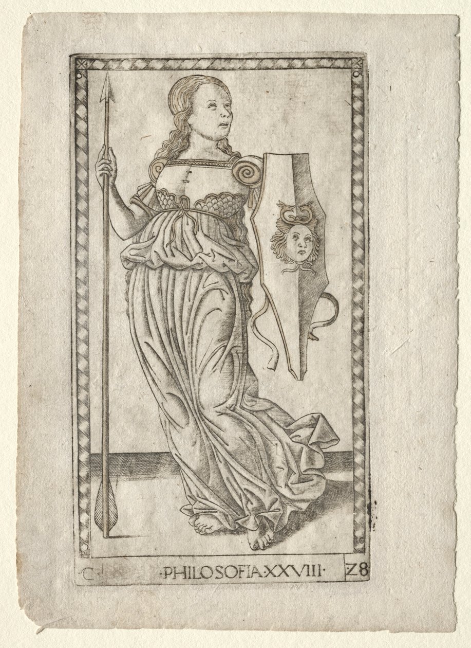 Filosofi från Tarocchi, serie C: Liberal Arts, #28, före 1467. av Master of the E Series Tarocchi