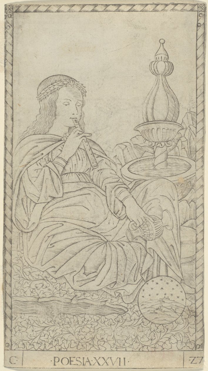 Poesi, tavla 27 från Arts and Sciences av Master of the E Series Tarocchi