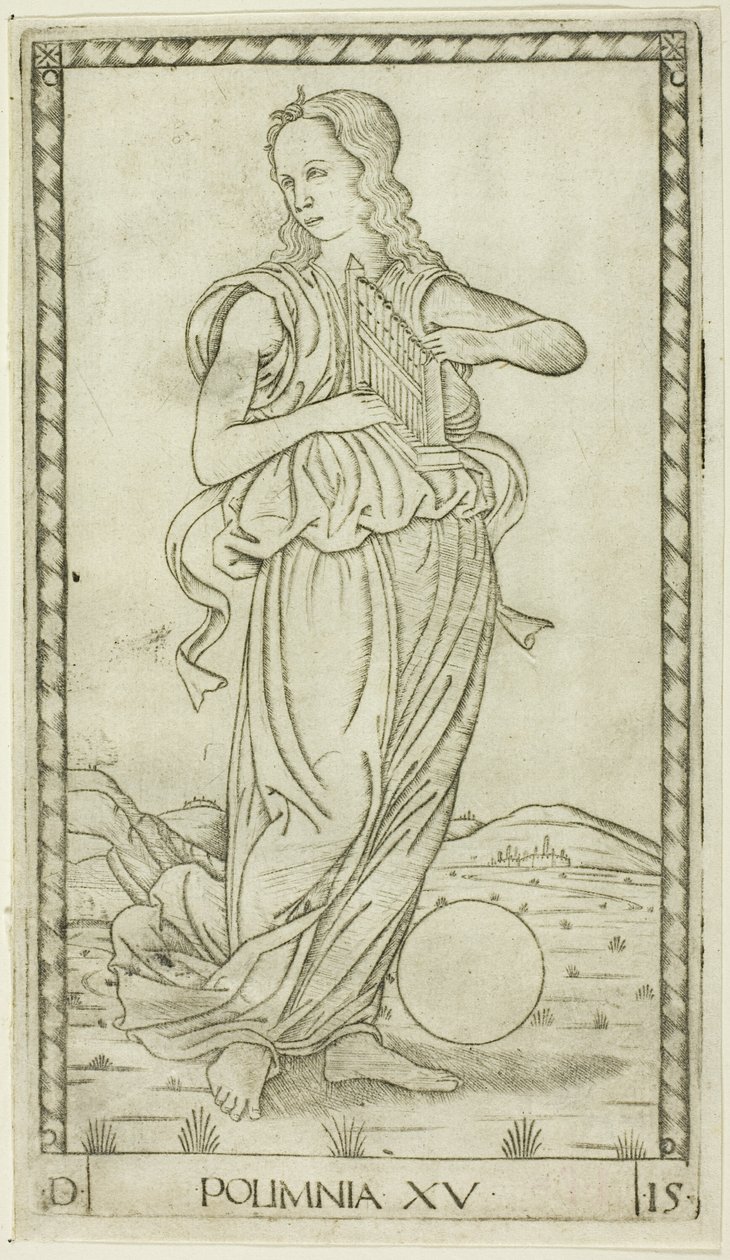 Polyhymnia, tavla femton från Apollo and the Muses av Master of the E Series Tarocchi