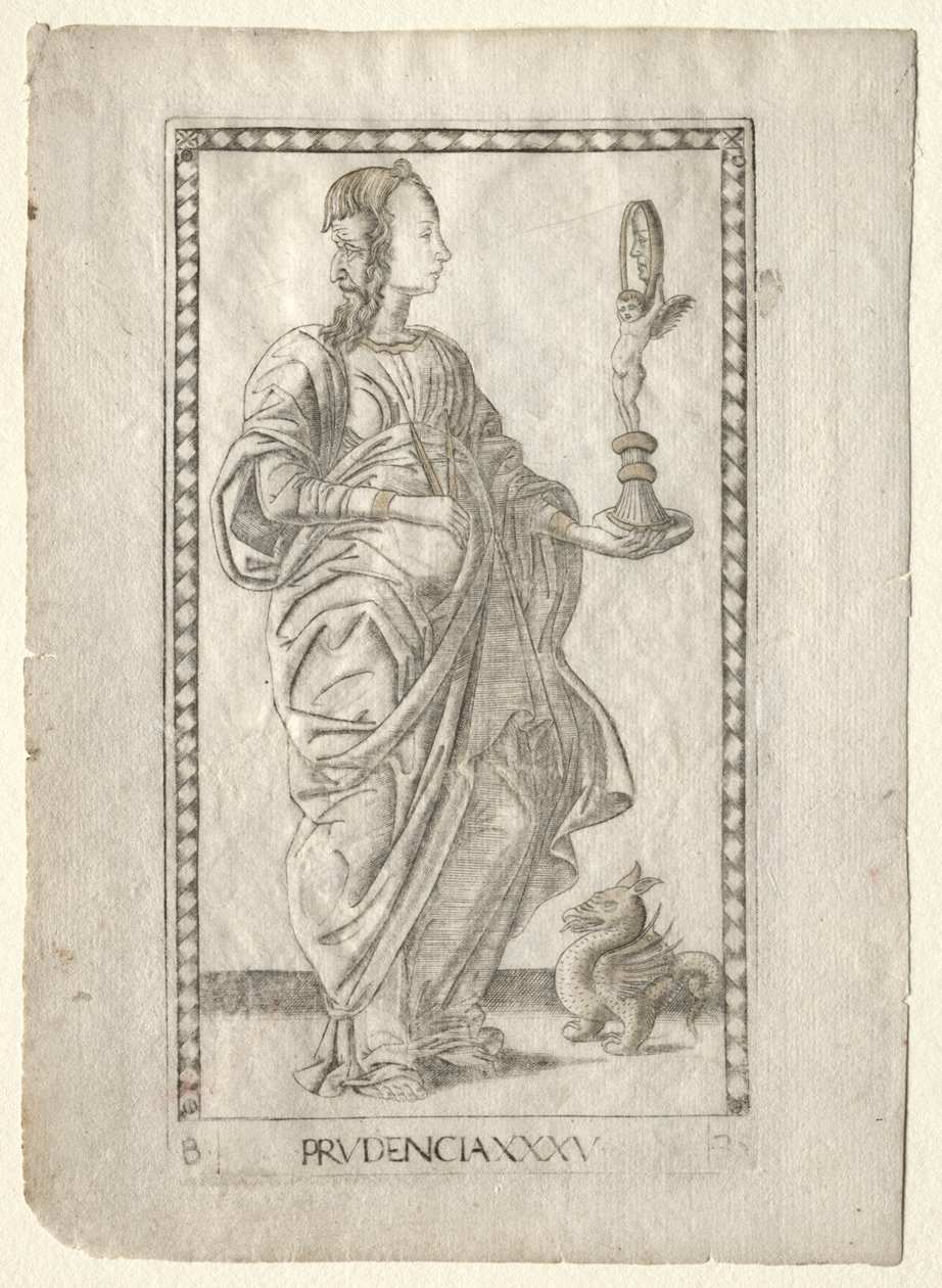Prudence från Tarocchi, serie B: Cosmic Principles & Virtues, #35, före 1467. av Master of the E Series Tarocchi