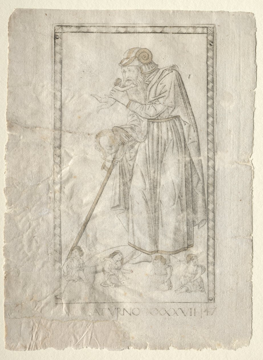 Saturnus från Tarocchi, serie A: Universums firmament, #47, före 1467. av Master of the E Series Tarocchi