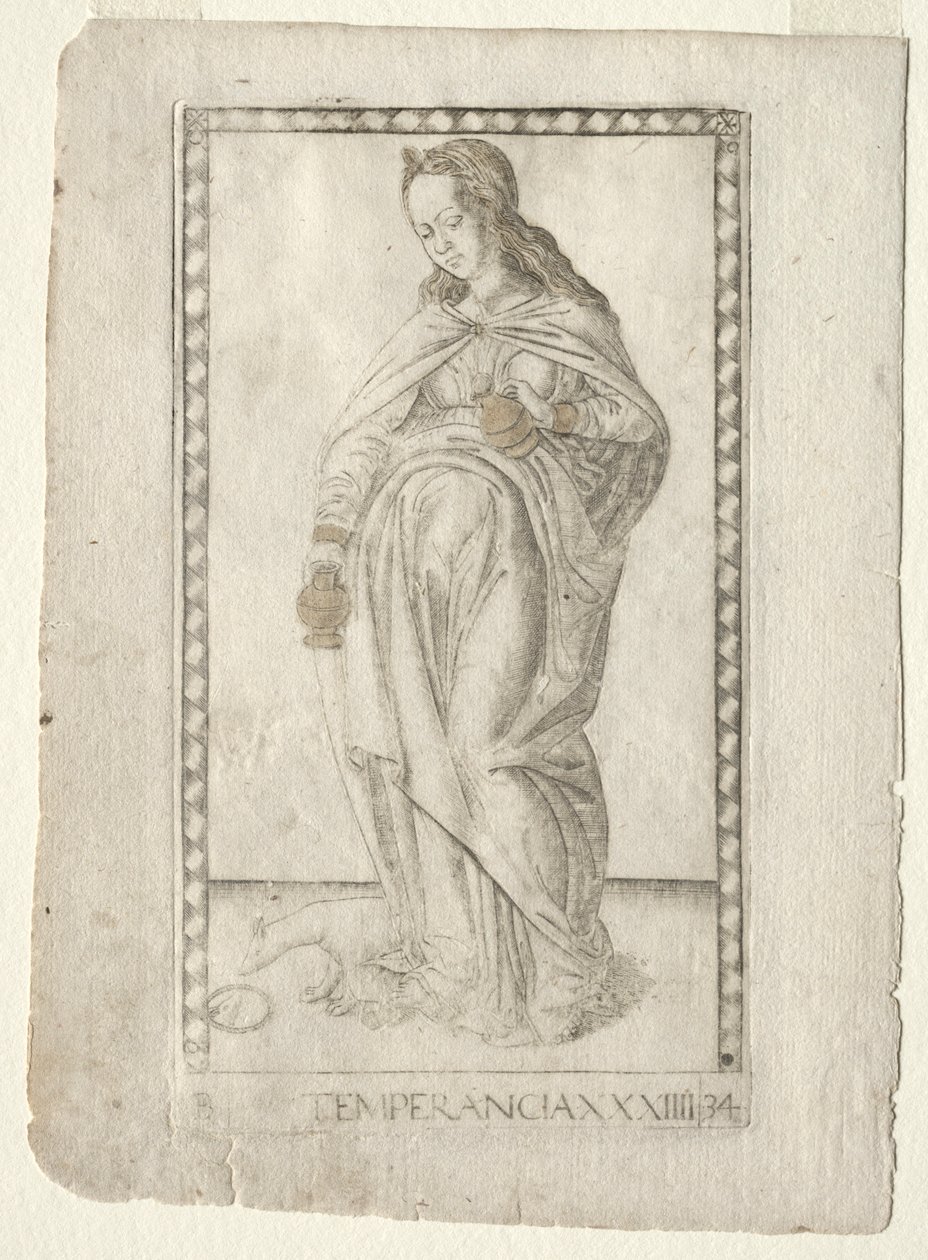 Temperance från Tarocchi, serie B: Cosmic Principles & Virtues, #34, före 1467. av Master of the E Series Tarocchi