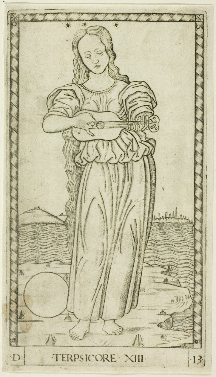 Terpsichore, tallrik tretton från Apollo and the Muses av Master of the E Series Tarocchi