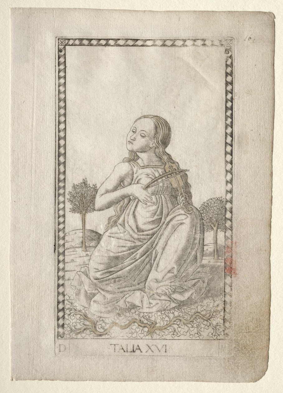 Thalia-komedi, pastoral poesi från Tarocchi-serien D..., före 1467. av Master of the E Series Tarocchi