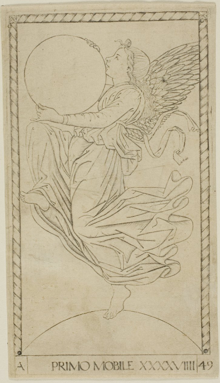 The Angel of the Ninth Sphere, eller Primum Mobile, skylt 49 från Planets and Spheres av Master of the E Series Tarocchi