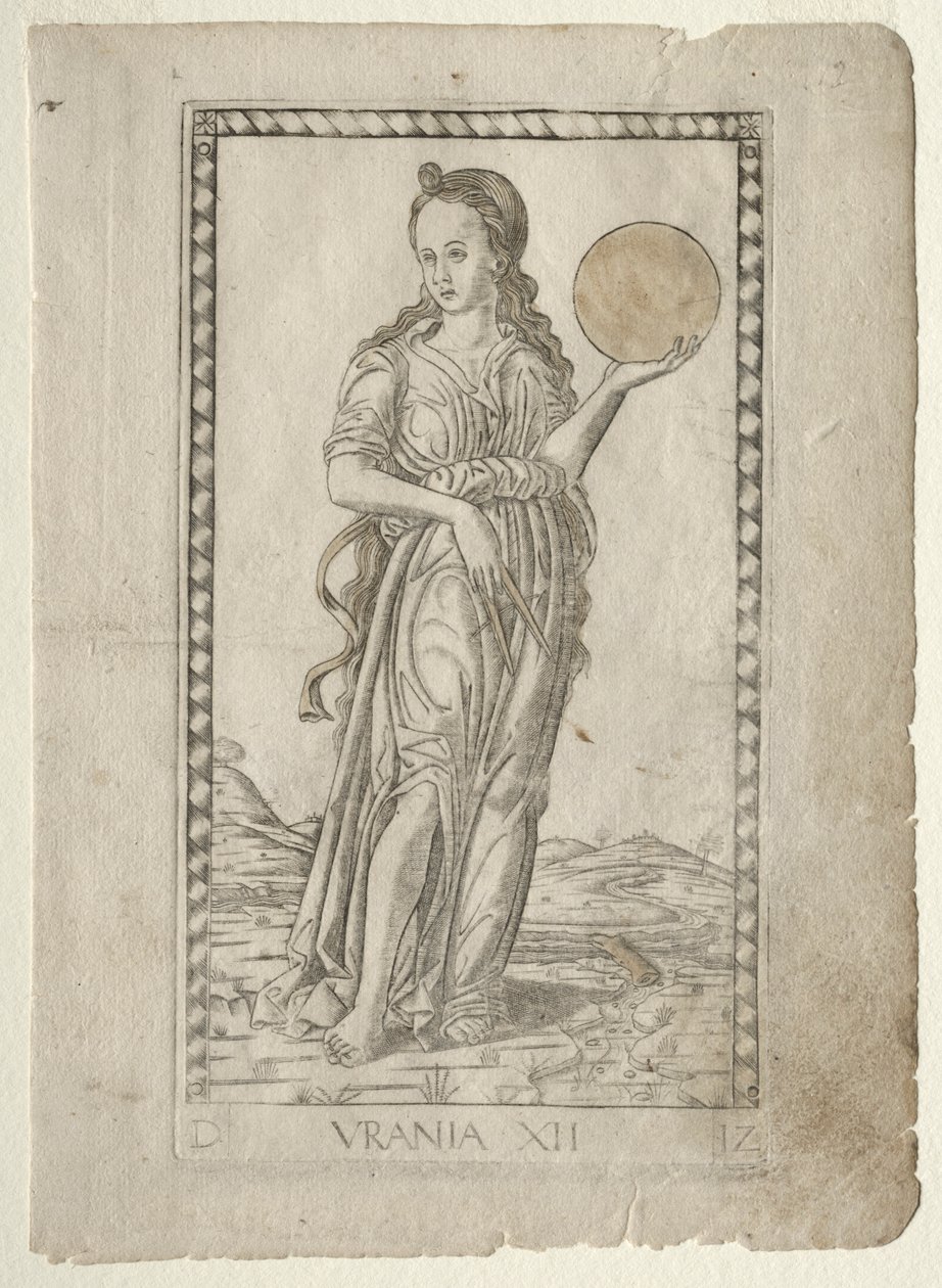 Urania-astronomi från Tarocchi-serien D: Apollo and the Muses, #12, före 1467. av Master of the E Series Tarocchi