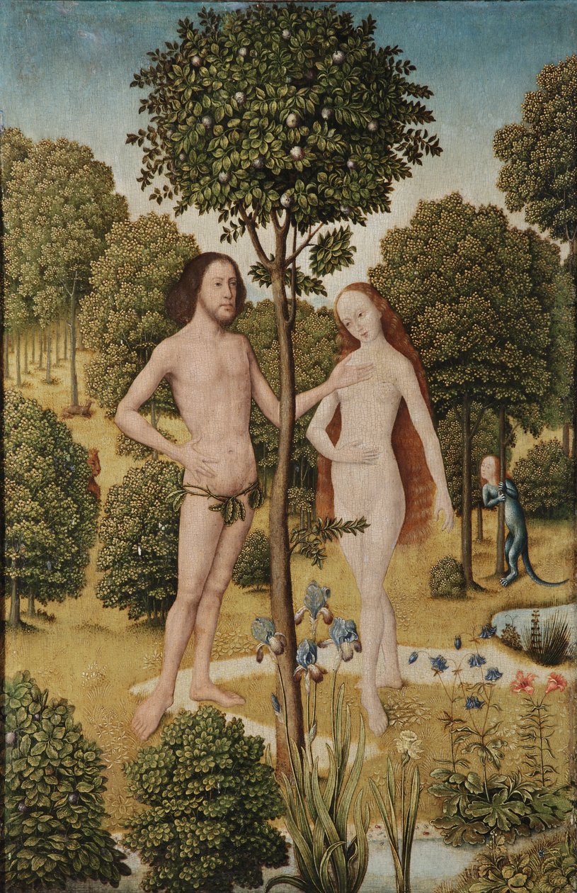 Adam och Eva i Edens lustgård (olja på panel) av Master of the Embroidered Foliage