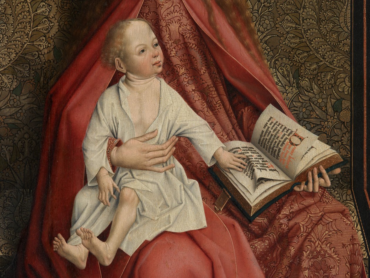 Detalj av Madonna Crowned by Angels (olja på panel) av Master of the Embroidered Foliage