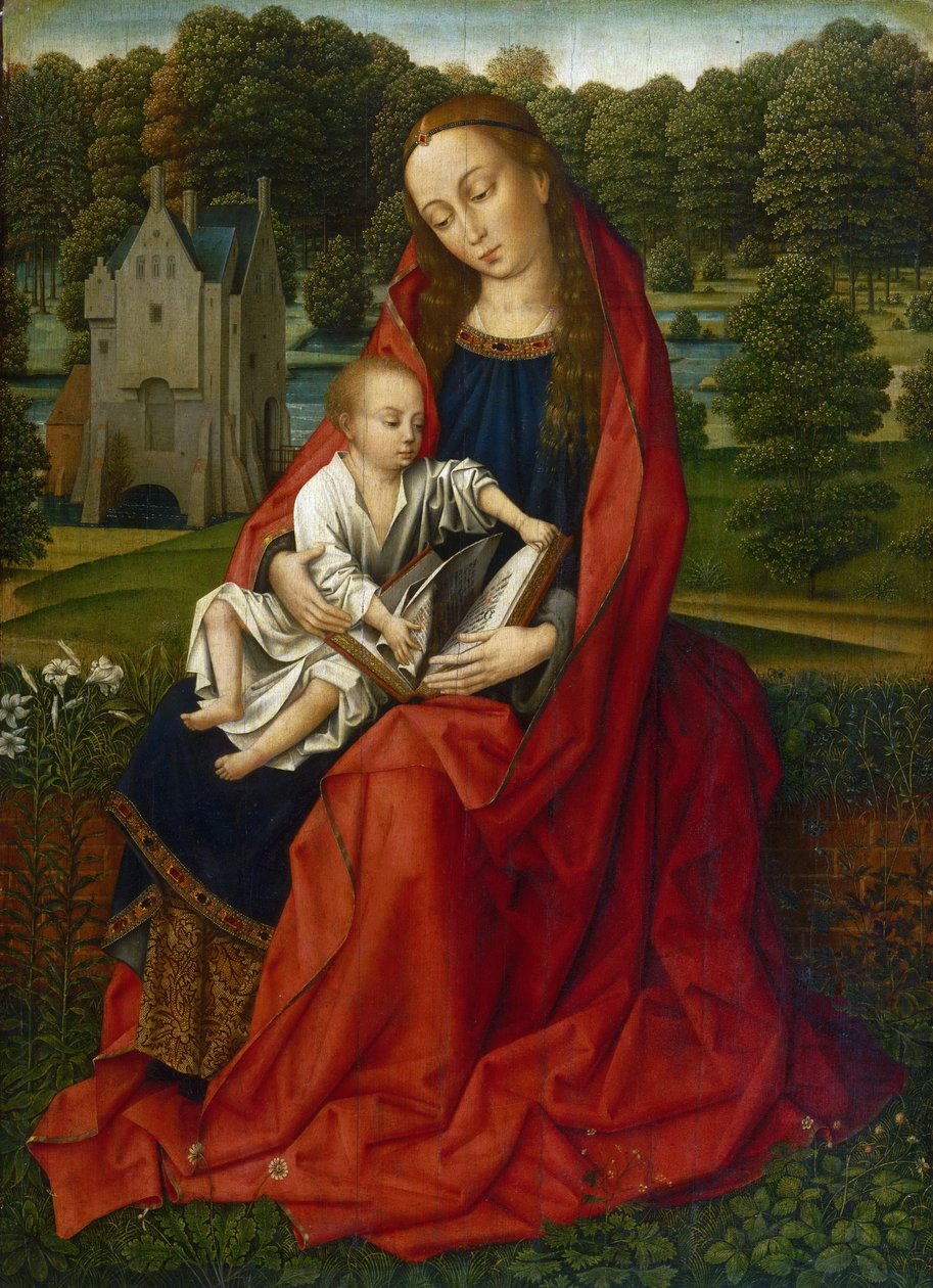 Holländska: Maria met kind Jungfru med barn i ett landskap av Master of the Embroidered Foliage