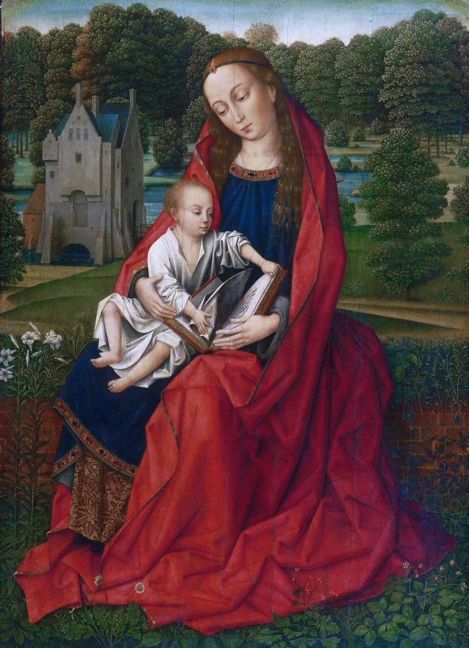 Holländska: Maria met kind Jungfru med barn i ett landskap av Master of the Embroidered Foliage