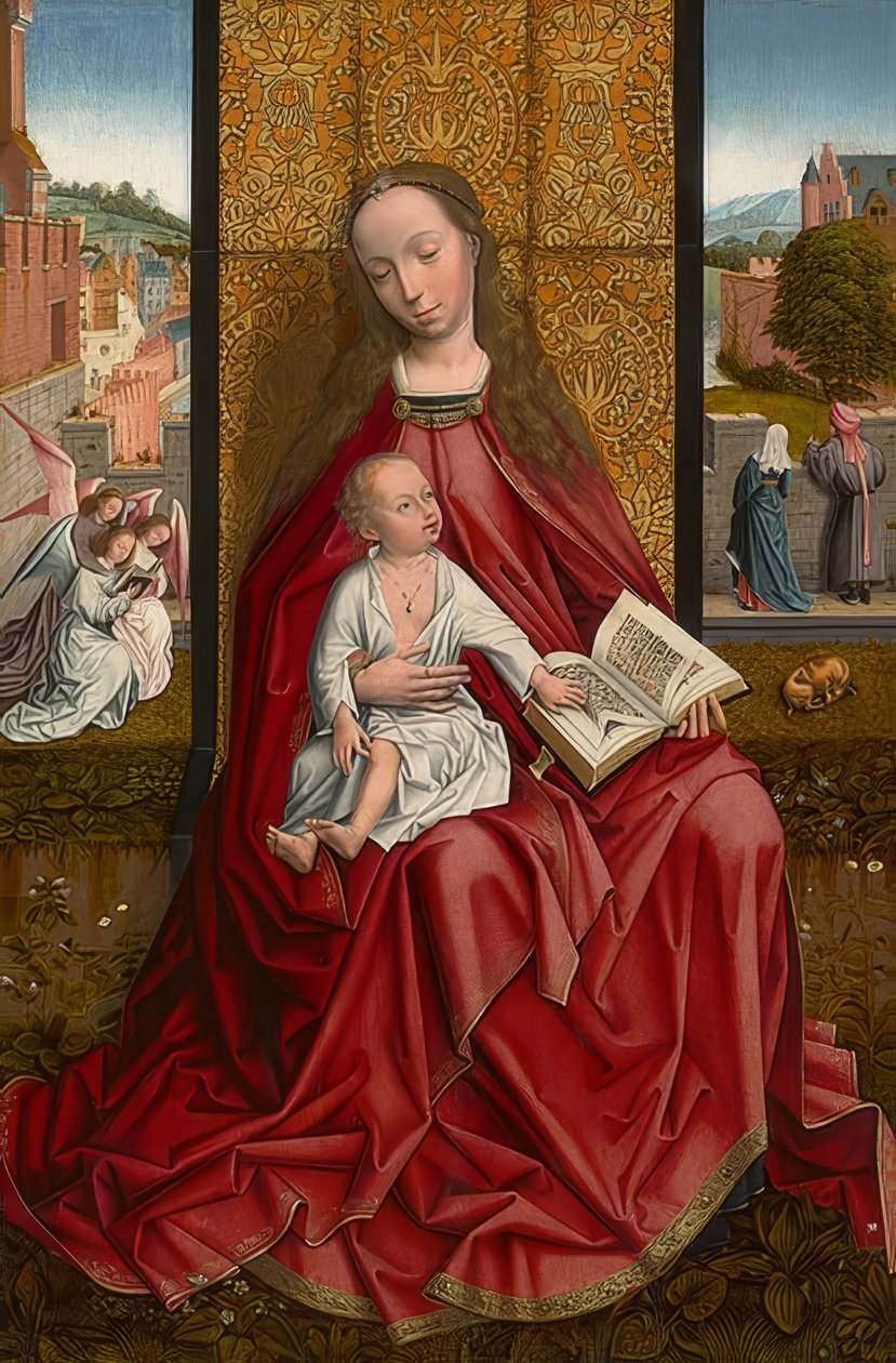 Mary tronade med barnet. Runt 1500 av Master of the Embroidered Foliage