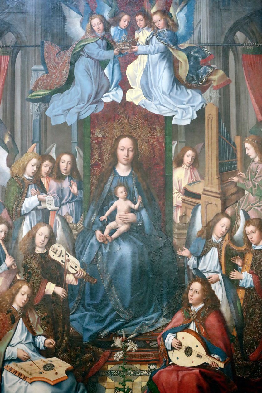 Evora Museum. Evoras altartavla mästare. Förhärligandet av den heliga jungfrun. Olja på panel. Flamländska skolan 1500. Portugal. av Master of the Evora Altarpiece