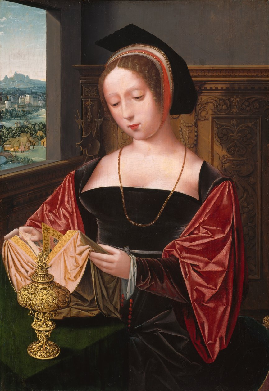 En dam som läser (Saint Mary Magdalena) av Master of the Female Half Lengths