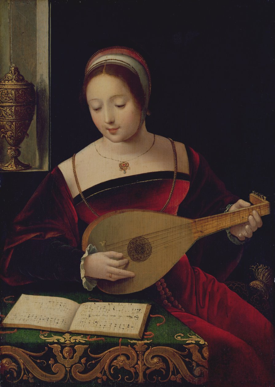 Maria Magdalena spelar luta av Master of the Female Half Lengths