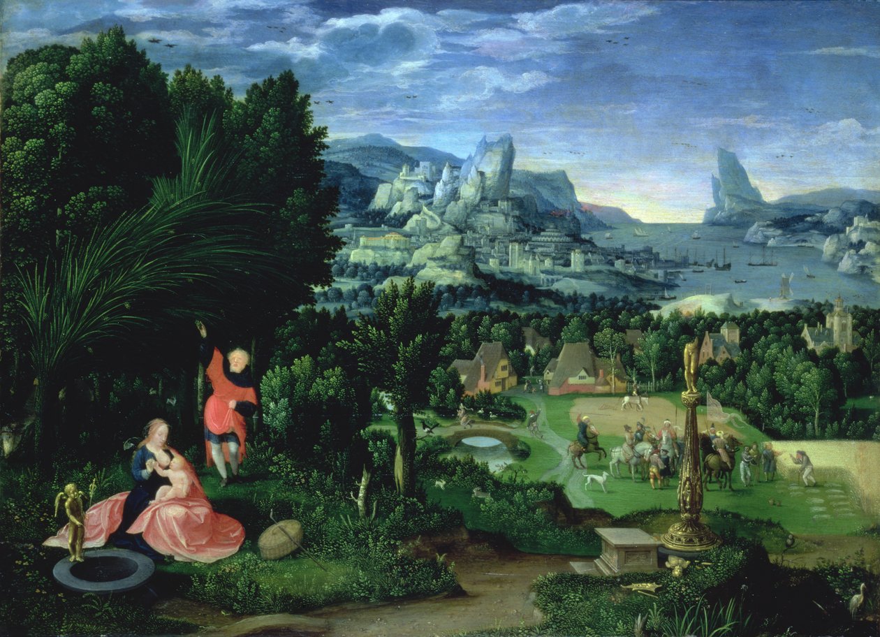 Vila på flykten till Egypten, landskap målat av Joachim Patinir (fl.1515-25) (panel) av Master of the Female Half Lengths