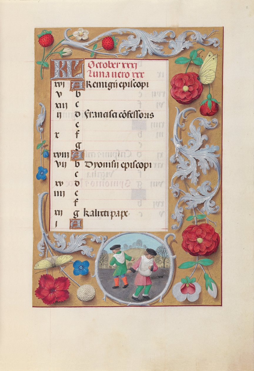 Hours of Queen Isabella the Catholic, Queen of Spain: Fol. 11r, oktober, ca. 1500. av Master of the First Prayerbook of Maximillian