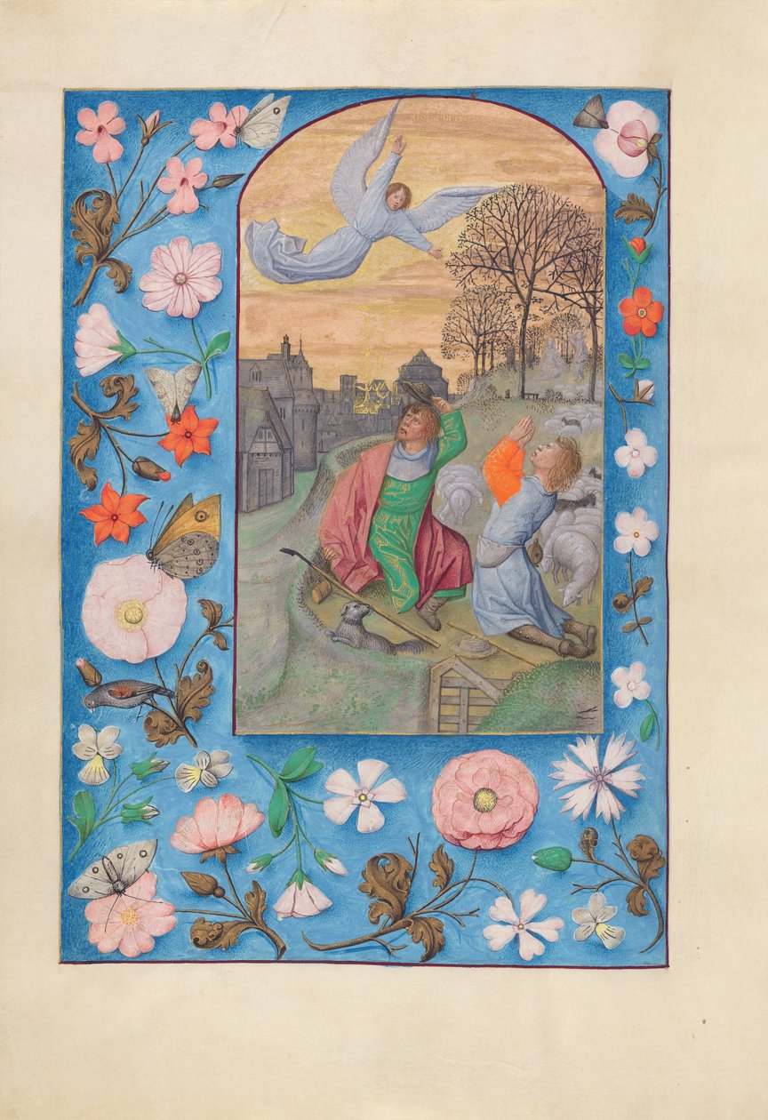 Timmar av drottning Isabella den katolska, drottning av Spanien:  Fol. 131v, Bebådelsen till herdarna av Master of the First Prayerbook of Maximillian