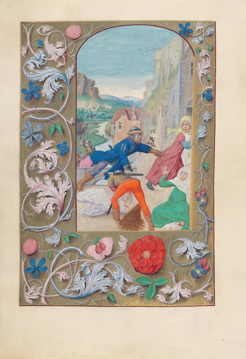 Timmar av drottning Isabella den katolska, drottning av Spanien:  Fol. 146v, Massakern på de oskyldiga och flykten till Egypten av Master of the First Prayerbook of Maximillian