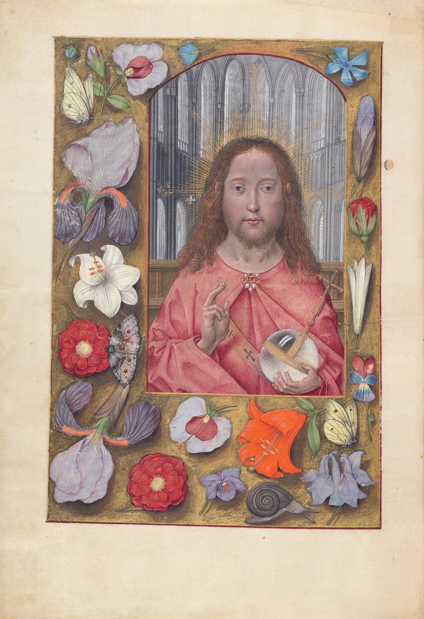 Timmar av drottning Isabella den katolska, drottning av Spanien:  Fol. 14v, Salvator Mundi av Master of the First Prayerbook of Maximillian