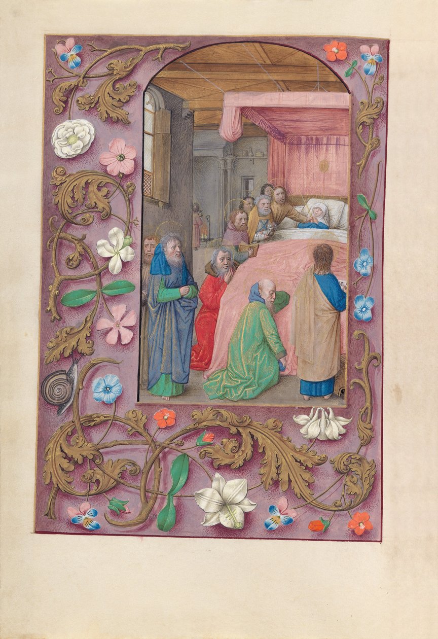Timmar av drottning Isabella den katolska, drottning av Spanien:  Fol. 154v, Jungfru Marias död av Master of the First Prayerbook of Maximillian
