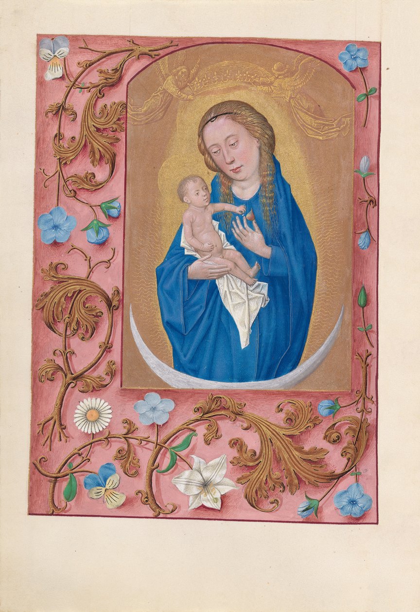 Hours of Queen Isabella the Catholic, Queen of Spain: Fol. 159v, Kvinna klädd i solen, c1500. av Master of the First Prayerbook of Maximillian