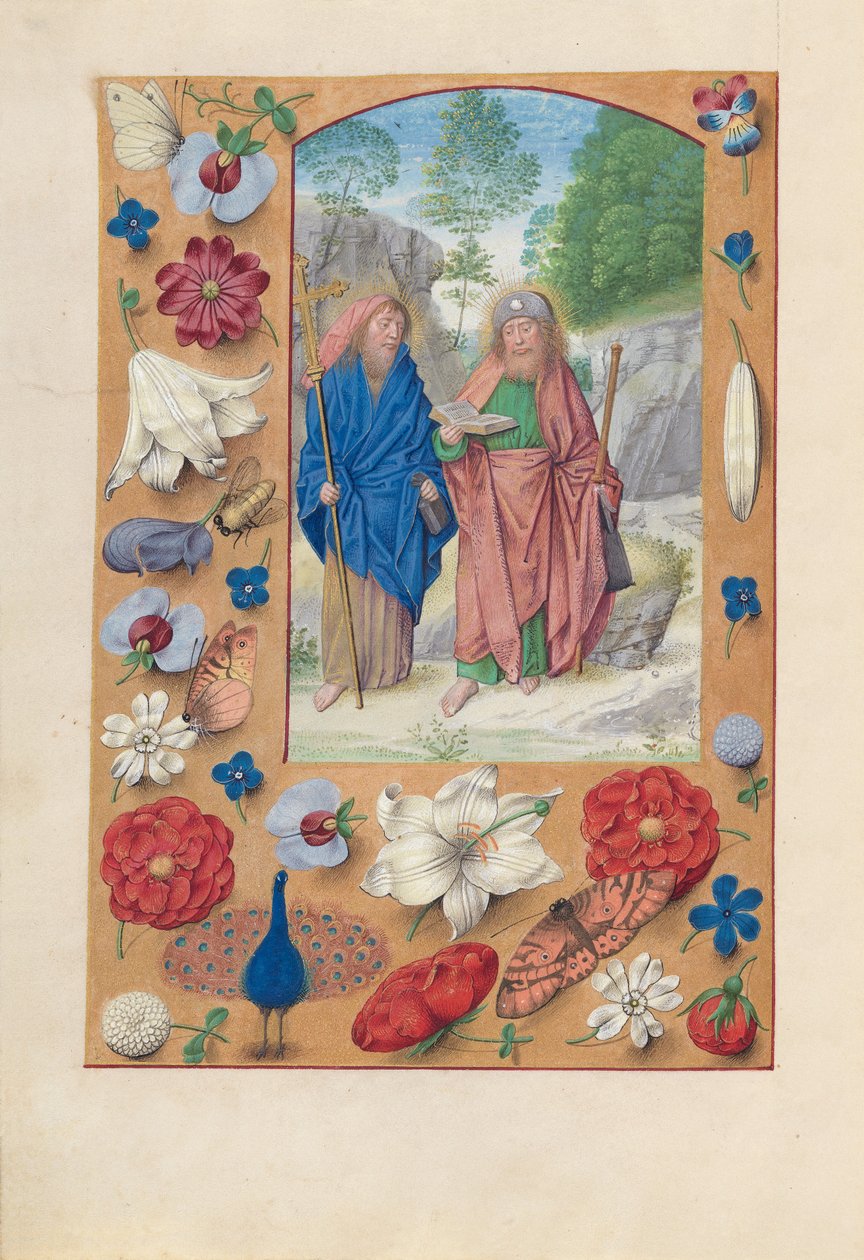 Timmar av drottning Isabella den katolska, drottning av Spanien:  Fol. 175v, Helgonen Filip och Jakob av Master of the First Prayerbook of Maximillian