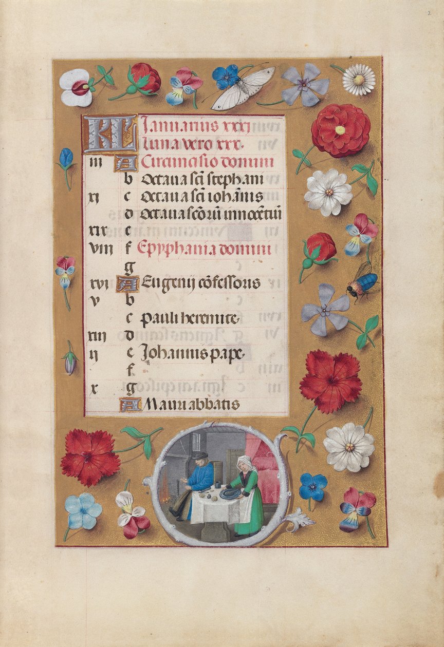 Timmar av drottning Isabella den katolska, drottning av Spanien:  Fol. 2r, januari - högtid av Master of the First Prayerbook of Maximillian