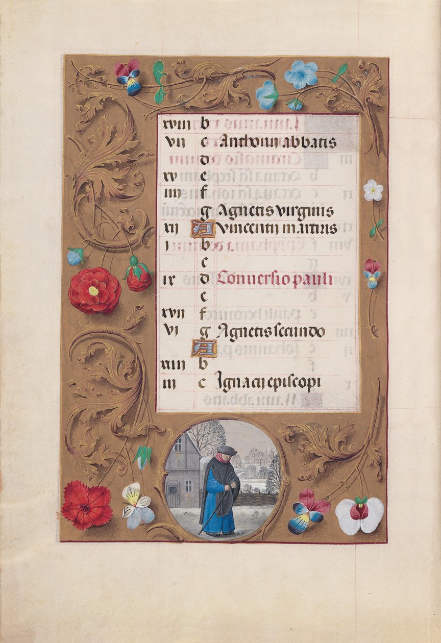 Hours of Queen Isabella the Catholic, Queen of Spain: Fol. 2v, januari - Snölandskap, ca. 1500. av Master of the First Prayerbook of Maximillian